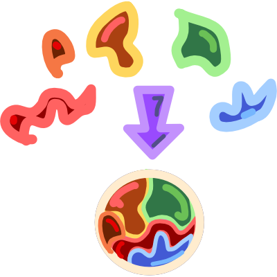 5 variously colored organic shapes make an arc above a purple arrow pointing down at a sphere created by those shapes. The image has light line art.